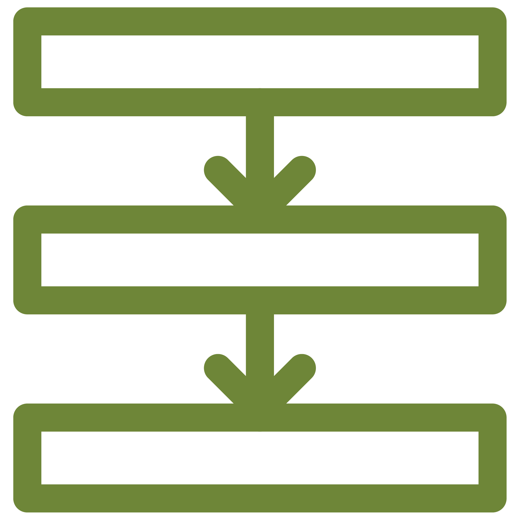 Outlined icon of 3 rectangular boxes stacked with arrows pointing down in between